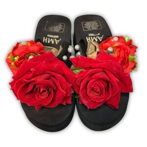 Black Platform Wedge Flip Flops Red Rose Retro Fairy Y2K Women Size 38 US 7.5